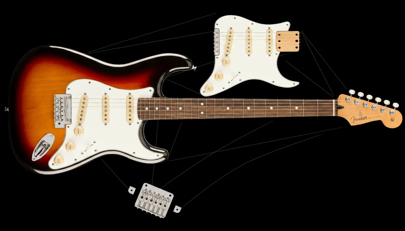 The Stratocaster shown as an exploded view: body, bolt-on neck, pickguard assembly, and tremolo bridge