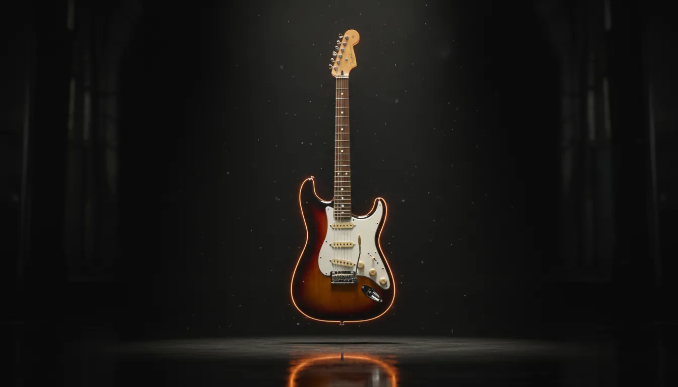 The Stratocaster floating in a dark void, its double-cutaway silhouette lit by amber rim light